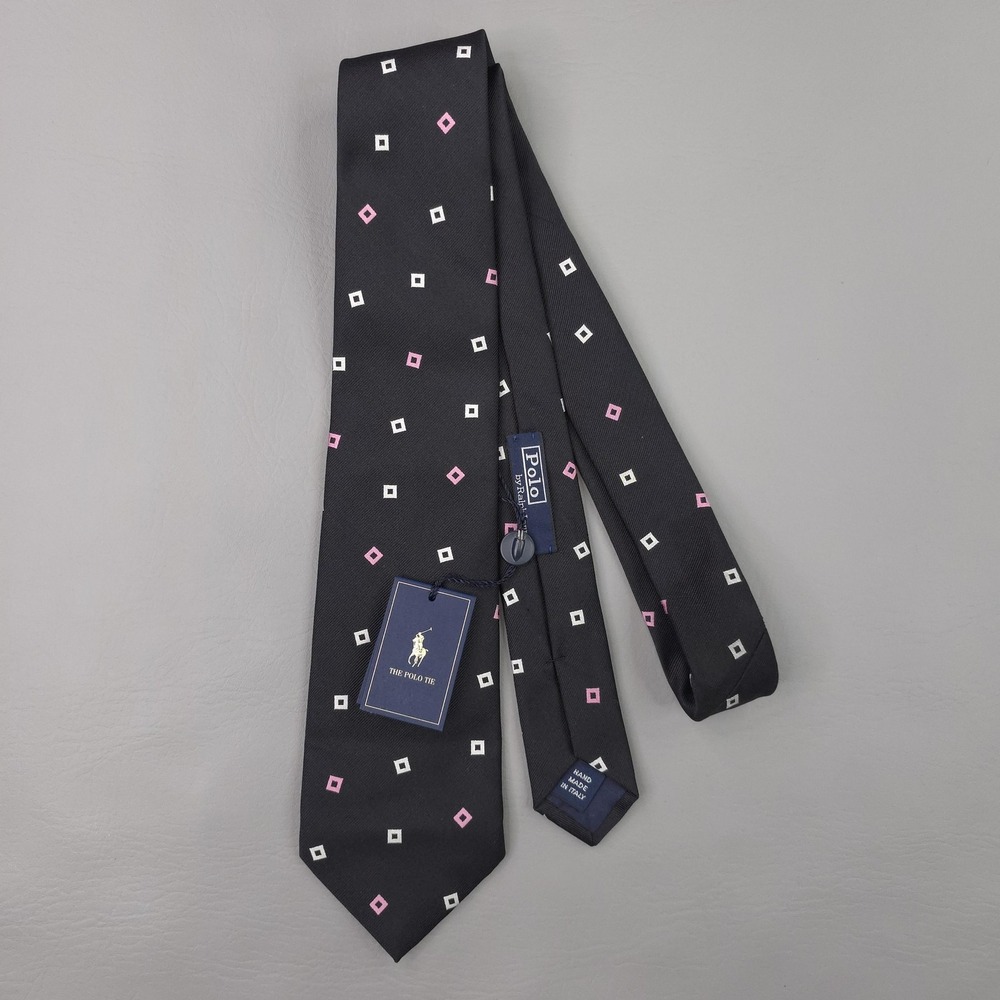 Polo By Ralph Lauren Tie Mens One Size Black Silk Geometric Woven Handmade Italy